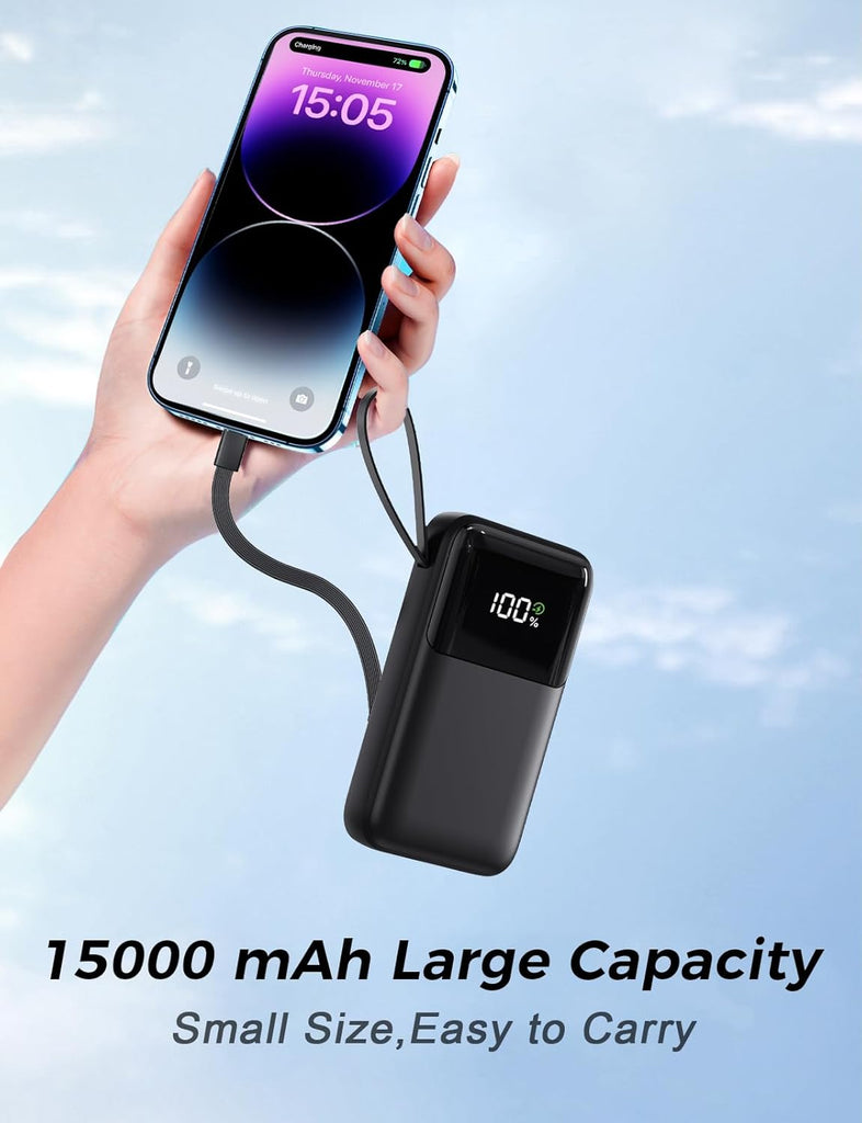 Power Bank, 15000mAh Portable Charger with Built in Cable, 22.5W Fast Charging, 6 Outputs, Slim Travel Essential Battery Pack with LED Display