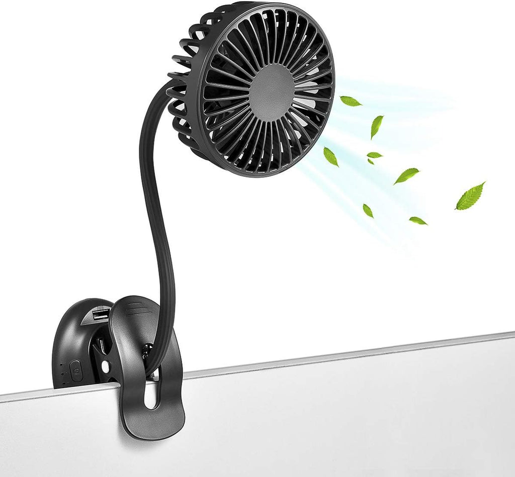 USB Mini Desk Fan with Emergency Power Bank, Battery Operated Rechargeable Portable Fan - Flexible Neck, 3 Speed Personal Cooling for Baby Stroller