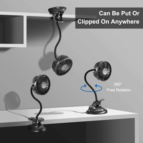 USB Mini Desk Fan with Emergency Power Bank, Battery Operated Rechargeable Portable Fan - Flexible Neck, 3 Speed Personal Cooling for Baby Stroller