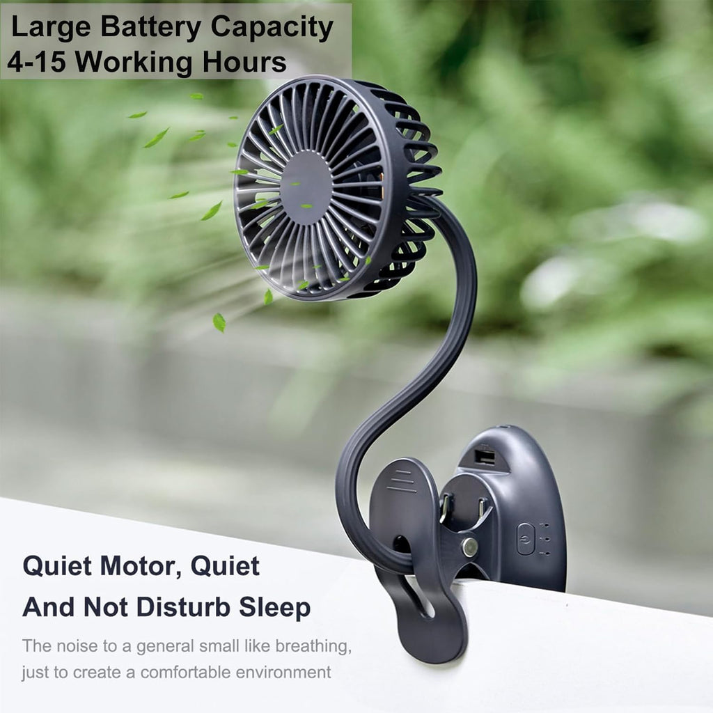 USB Mini Desk Fan with Emergency Power Bank, Battery Operated Rechargeable Portable Fan - Flexible Neck, 3 Speed Personal Cooling for Baby Stroller