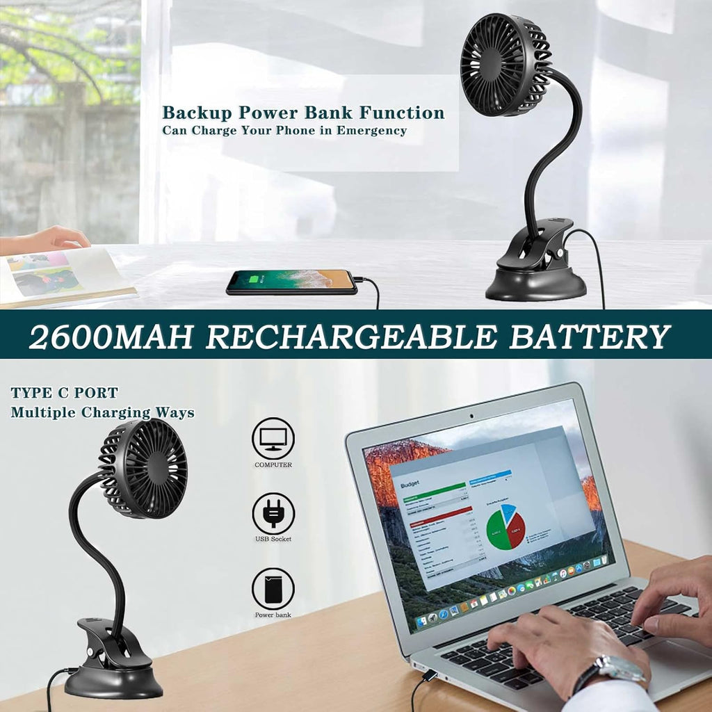 USB Mini Desk Fan with Emergency Power Bank, Battery Operated Rechargeable Portable Fan - Flexible Neck, 3 Speed Personal Cooling for Baby Stroller