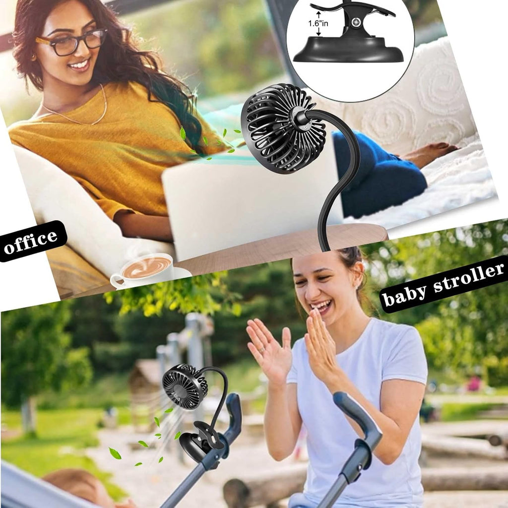 USB Mini Desk Fan with Emergency Power Bank, Battery Operated Rechargeable Portable Fan - Flexible Neck, 3 Speed Personal Cooling for Baby Stroller