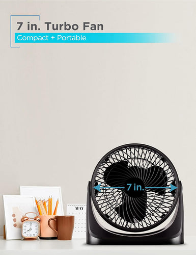 7-Inch Portable Turbo Fan, 3-Speed Settings, Desktop Personal Cooling for Table with 90° Tilt Angle Fan Head